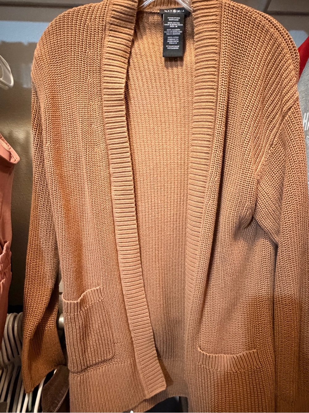 Mango Open-Front Knit Cardigan in Camel